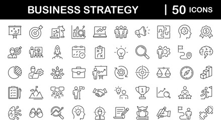 Fototapeta na wymiar Business strategy set of web icons in line style. Business solutions icons for web and mobile app. Action List, research, solution, team, marketing, startup, advertising, business process, management