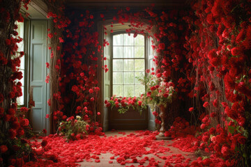 Room full of red roses on vines on the wall
