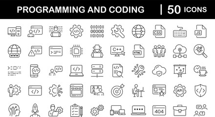 Programming coding set of web icons in line style. Software development icons for web and mobile app. Code, api, programmer, developer, information technology, coder and more. Vector illustration