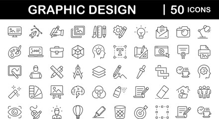 Graphic Design set of web icons in line style. Graphic design icons for web and mobile app. Digital art, creativity, tools, drawing, portfolio, creative process. Vector illustration