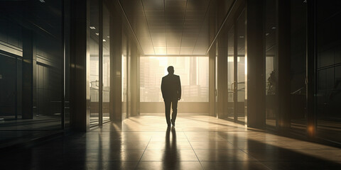 Fototapeta na wymiar silhouette of a businessman in an office building, panoramic image. Generative Ai