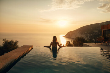 Fototapeta premium woman relaxing in swimming pool, summer holidays concept. Generative Ai