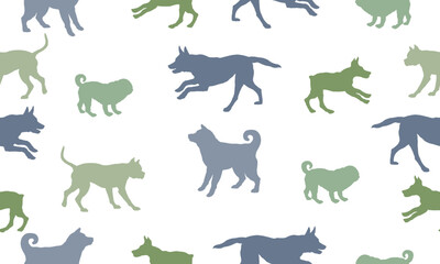 Seamless pattern. Silhouette dogs different breeds in various poses. Isolated on a white background. Endless texture. Design for fabric, decor, wallpaper. Vector illustration.