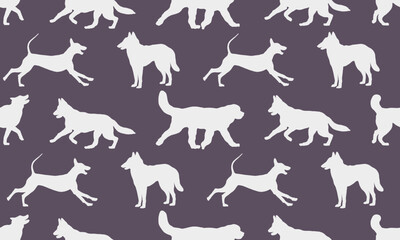Silhouette dogs different breeds in various poses. Endless texture. Seamless pattern. Design for fabric, decor, wallpaper, wrapping paper, printing. Vector illustration.