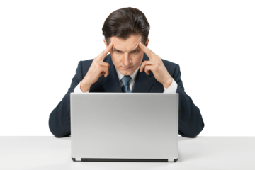 Business man working on laptop and thinking