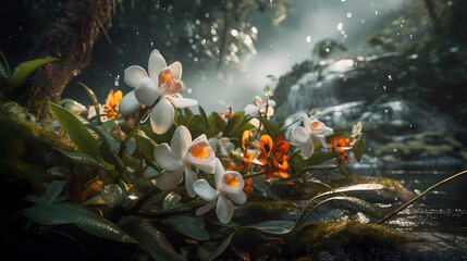 Beautiful flowers in the tropical forest, front view.