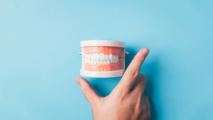 Model of teeth on a blue background with a hand holding thumb and index finger as check mark and...