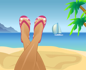 Cute pink striped slippers. Slender tanned female legs in flip-flops on the background of the ocean. Holidays at the resort. The pink summer sandals vacation on the beach. Rest on the sea. Vector EPS 