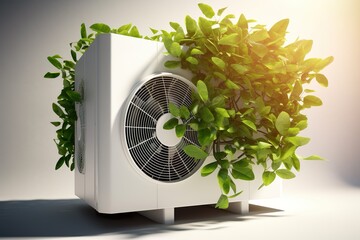 A Photographic Close-up of a Heat Pump in Front of a Modern House, Surrounded by Lush Grass, Vibrant Plants, and Bathed in Perfect Light - A Vision of Sustainable Living in Harmony with Nature - obrazy, fototapety, plakaty