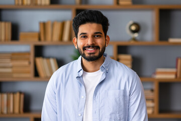 Headshot portrait of attractive confident indian Hispanic man with toothy smile looking at camera at modern library. Latin businessman posing in casual stylish look at home office.
