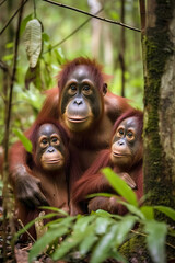 Fototapeta premium Endearing Orangutan Family: Capturing the Love and Playfulness of a Mother and Her Two Cubs, ai generative
