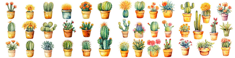 set of cactus flowers in plant pot watercolor illustration transparent background, PNG ,Generative AI	
