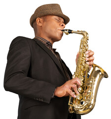 Fototapeta na wymiar Saxophonist. Man playing on the gold saxophone