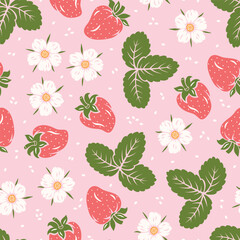 Strawberries Seamless Pattern. Berry, Leaf and Flower of Strawberry. Berries Vector Pink Background. Fruit Wallpaper. Great for Textile, Wrapping Paper, Packaging etc.