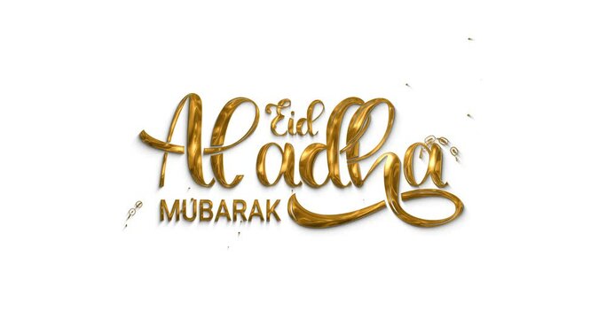 Eid Al Adha Mubarak. Text animation handwritten modern calligraphy with ink splash particles in golden texture on the transparent alpha channel. Great for greeting cards, invitations, and events