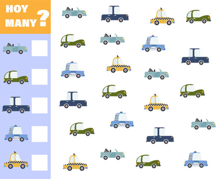 Counting game for preschool children. Educational math game. Count how many cars there are and write down the result