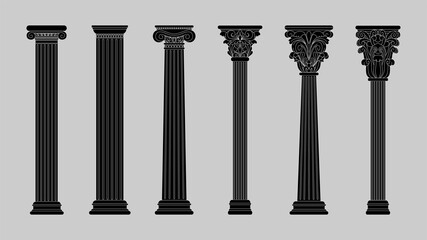 Ancient Greek columns. Black silhouette architecture pillars. Roman antique decoration. Art sculptures. Ornate classic pedestals. Antiquity logo. Vector tidy building isolated elements set