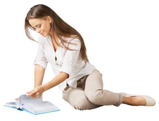 Young cute woman read book isolated on white background