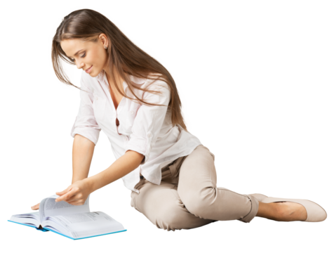 Young cute woman read book isolated on white background