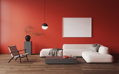3d rendering of modern carrot color living room with white sofa, coffee table, ikebana in a vase,hanging light, decorative pillows and blanket .Empty white frame for art on wall.Frame mockup