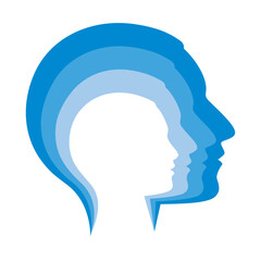 Vector image of blue silhouettes of overlapping heads of women at different stages of age in profile. Isolated on white background.