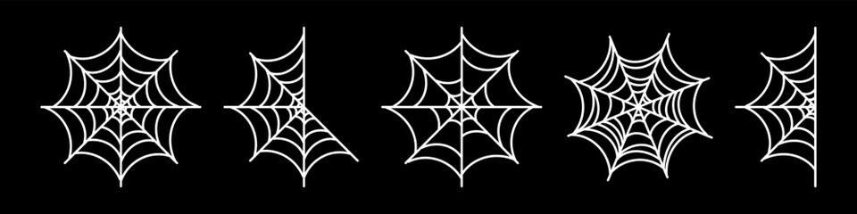 White spider web for Halloween design. Spiderweb icon. Vector illustration isolated on black background.