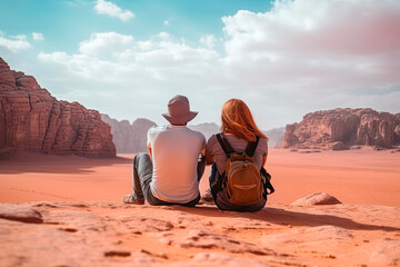 Young tourists enjoy the desert landscape with high mountains and red sand, couple on honeymoon. Generative AI