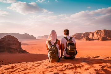Young tourists enjoy the desert landscape with high mountains and red sand, couple on honeymoon. Generative AI