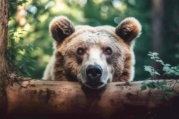 Curious Brown Bear Peering Over Wooden Fence in Forest.