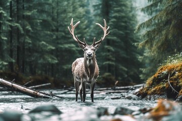 Majestic Deer with Impressive Antlers Standing in Forest Near River - AI Generative
