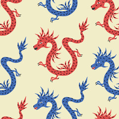 Colorful Asian dragons hand drawn vector illustration. Medieval mythology animal seamless pattern for fabric or wallpaper.