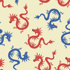 Asian dragons hand drawn vector illustration. Colorful mythology animal seamless pattern for fabric or wallpaper.