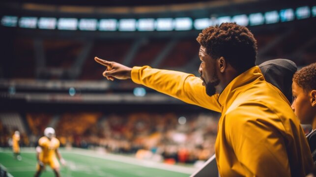 A man in a yellow jacket pointing at a football game. Generative AI image.