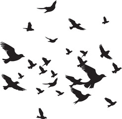 Black vector flying birds flock silhouettes isolated on white background