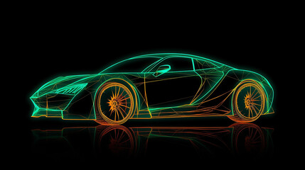 Neon glowing sport car silhouette side view. Abstract vector illustration with modern style