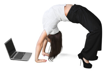 Woman bending backwards to look at a laptop