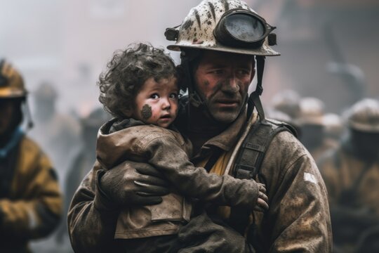 A fireman carries a child in his arms. Generative AI image.