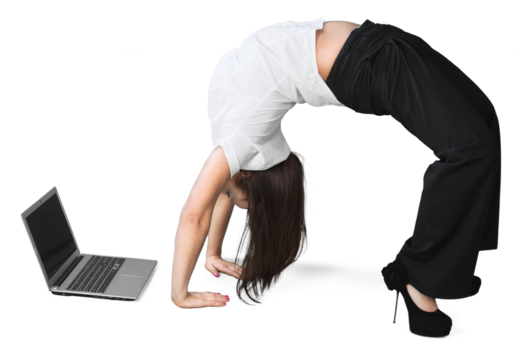 Woman bending backwards to look at a laptop