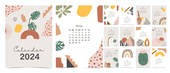 2024 table calendar week start on Sunday with boho that use for vertical digital and printable A4 A5 size