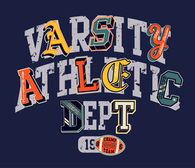 Varsity athletic department typography print  and patches vintage artwork for boy t shirt sweatshirt with applique initial font embroidery - 610652909