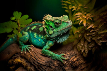 Fototapeta premium Green lizard dragon on stone, ai generative.