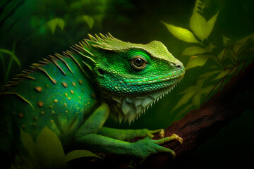 Fototapeta premium Green lizard dragon on stone, ai generative.