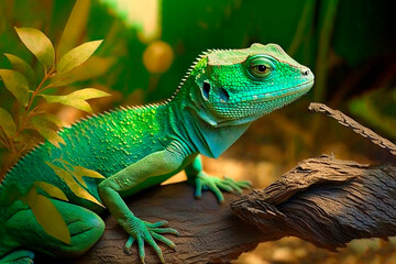 Obraz premium Green lizard dragon on stone, ai generative.