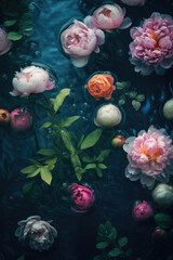 Obraz na płótnie Canvas Wet beautiful peonies close-up. Flowers underwater. Unusual and magical, unreal. Macro. Water drops. Screensaver wallpaper and background. Dark pastel flowers. Blue, pink and red. Ai Generative