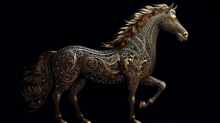 Fototapeta premium Gold horse on a black background. Generative AI