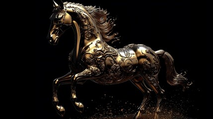  Gold horse on a black background. Generative AI