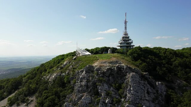 Aerial footage of Pyramid Radio, big radio tower on Zobor Mountain, Slovakia, 4k