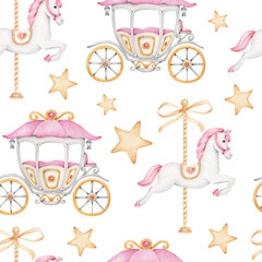 Horse, carriage and stars seamless pattern.Kids print.Fairy tale.Childhood