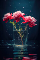 Wet beautiful peonies in a vase close-up. Flowers underwater. Unusual and magical. Macro. Water drops. Screensaver wallpaper and background. Dark pastel flowers. Blue, pink and red. Ai Generative