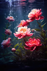 Wet beautiful peonies close-up. Flowers underwater. Unusual and magical, unreal. Macro. Water drops. Screensaver wallpaper and background. Dark pastel flowers. Blue, pink and red. Ai Generative